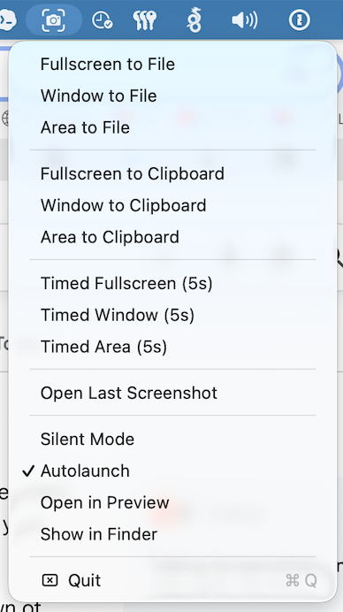 ScreenshotMenu open in the macOS menu bar showing capture options